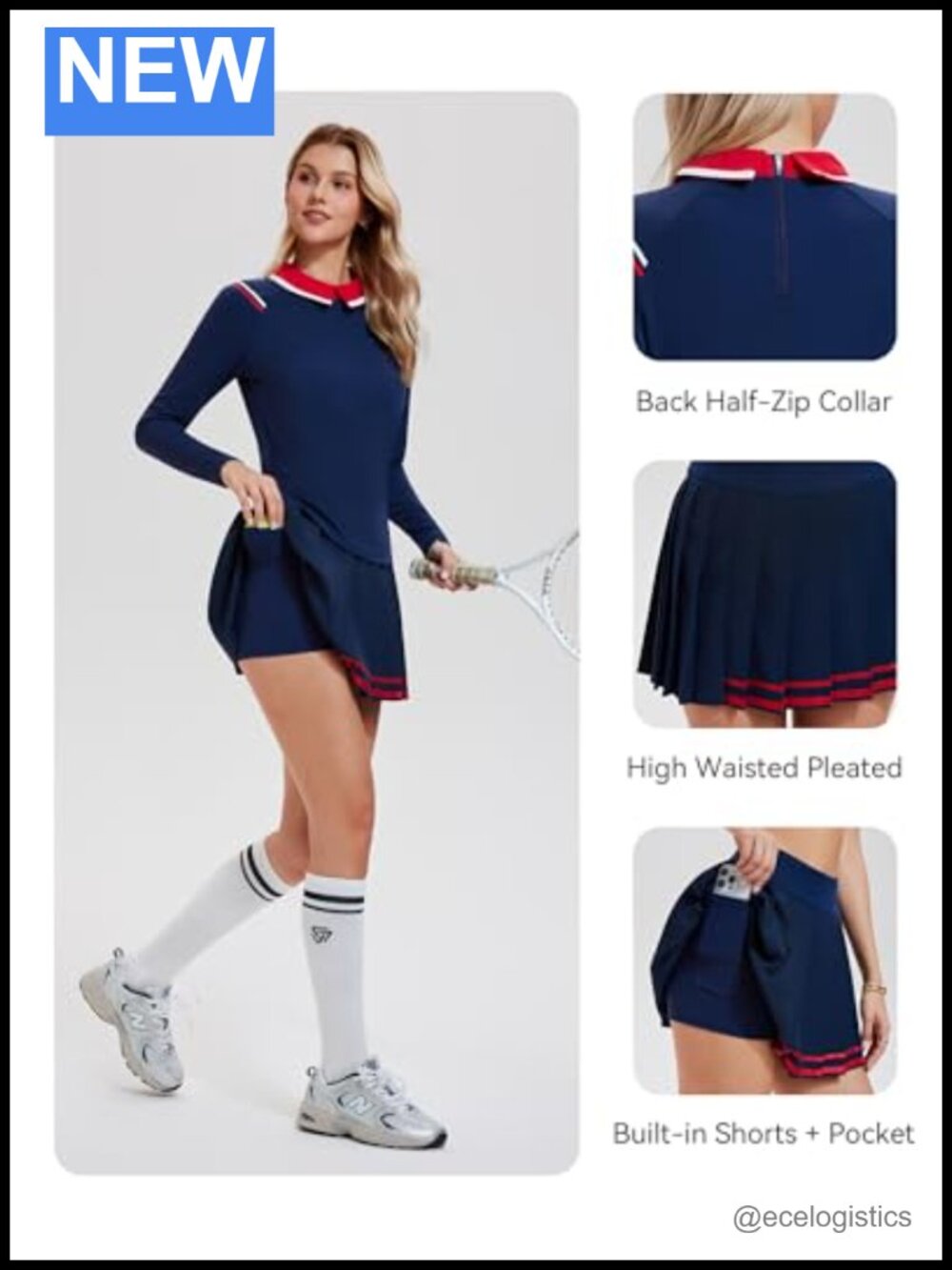 Womens Tennis Skort Set Long Sleeve Top Built-in Shorts Pleated 2 Piece Athletic - Picture 3 of 6